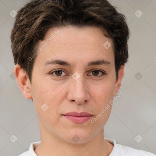 Joyful white young-adult female with short  brown hair and brown eyes