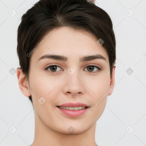 Joyful white young-adult female with short  brown hair and brown eyes