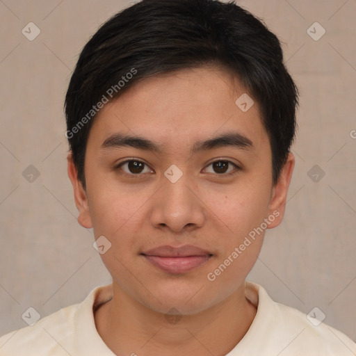 Joyful asian young-adult male with short  brown hair and brown eyes