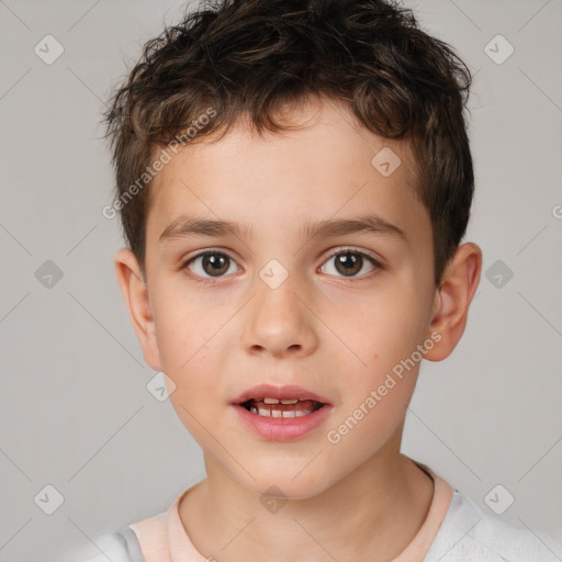 Joyful white child male with short  brown hair and brown eyes