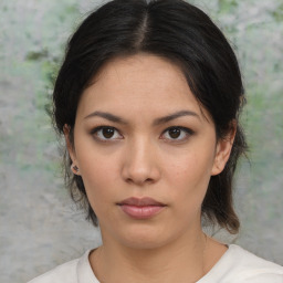 Neutral asian young-adult female with medium  brown hair and brown eyes