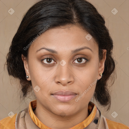 Joyful latino young-adult female with medium  brown hair and brown eyes