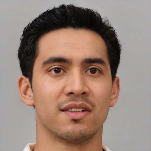 Neutral latino young-adult male with short  black hair and brown eyes