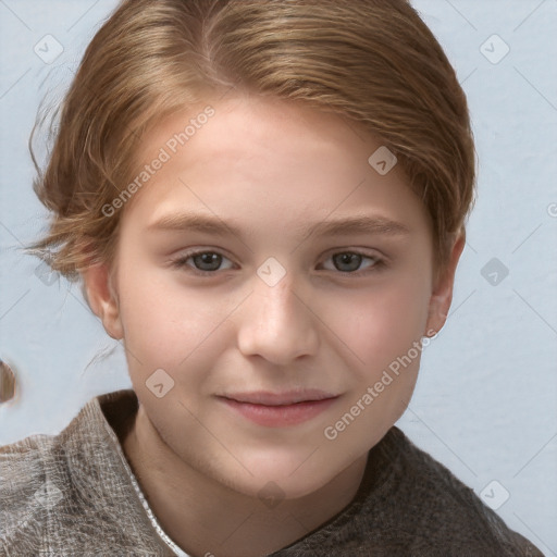 Joyful white child female with short  brown hair and grey eyes