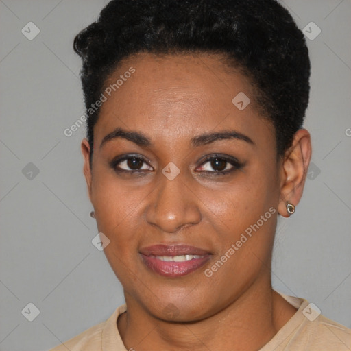 Joyful black young-adult female with short  brown hair and brown eyes