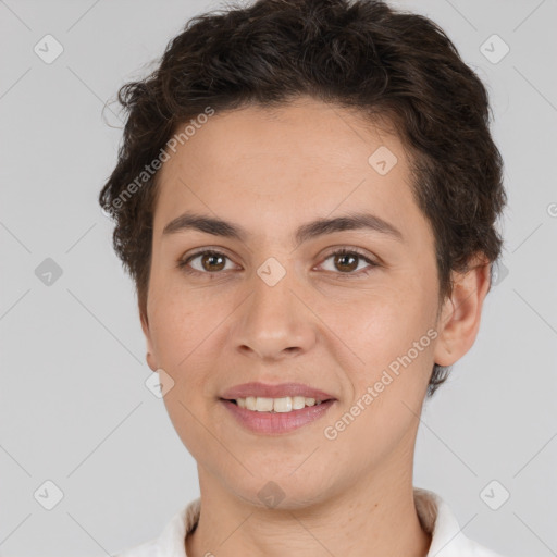 Joyful white young-adult female with short  brown hair and brown eyes