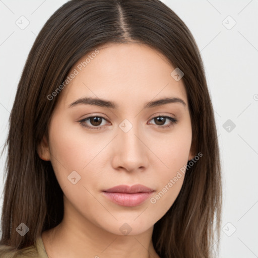 Neutral white young-adult female with long  brown hair and brown eyes