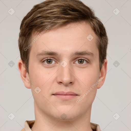 Neutral white young-adult male with short  brown hair and grey eyes