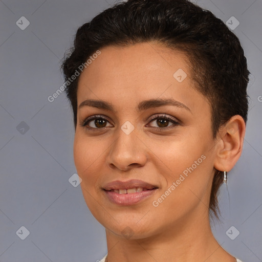 Joyful white young-adult female with short  brown hair and brown eyes