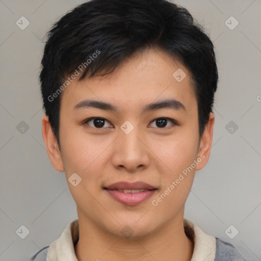 Joyful asian young-adult male with short  brown hair and brown eyes