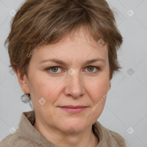 Joyful white adult female with medium  brown hair and grey eyes