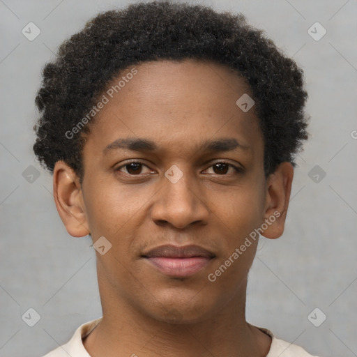 Joyful black young-adult male with short  brown hair and brown eyes