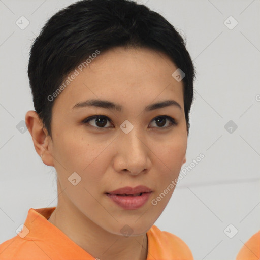 Joyful asian young-adult female with short  brown hair and brown eyes