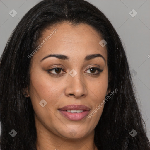 Joyful latino young-adult female with long  brown hair and brown eyes