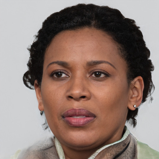 Joyful black adult female with short  brown hair and brown eyes