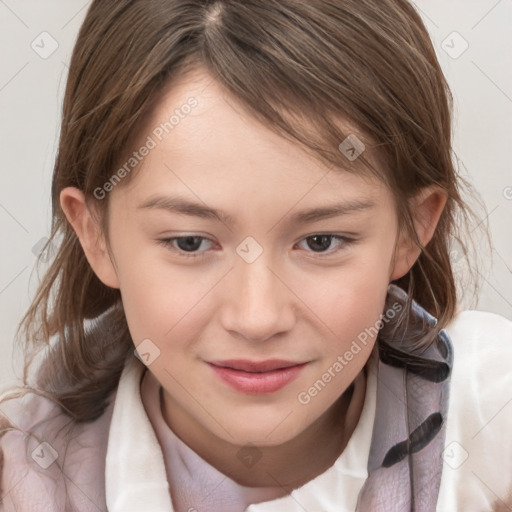 Joyful white child female with medium  brown hair and brown eyes