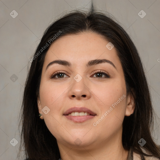 Joyful white young-adult female with medium  brown hair and brown eyes