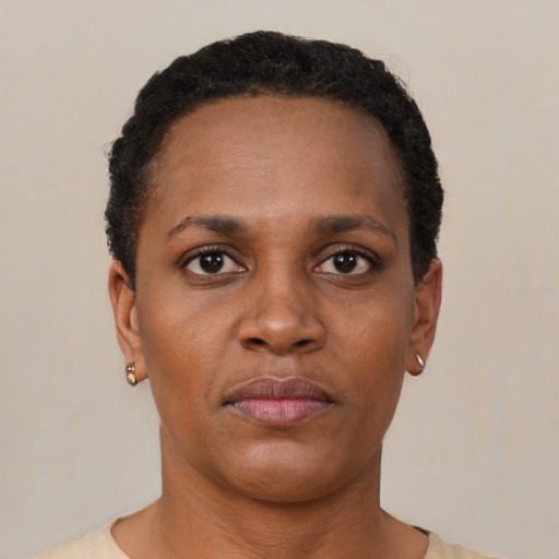 Neutral black young-adult female with short  black hair and brown eyes