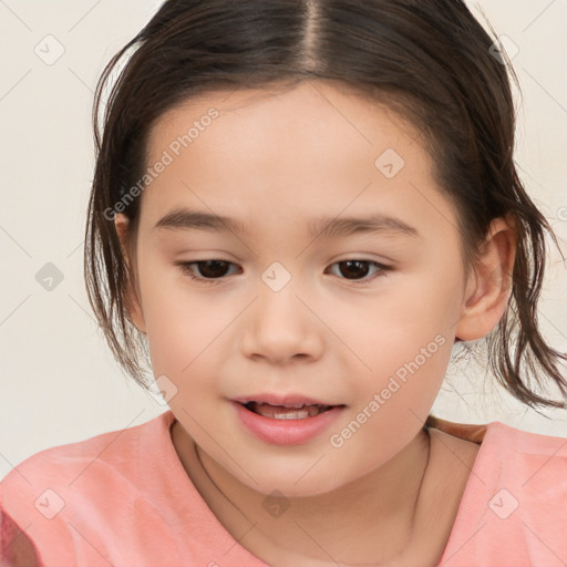 Joyful white child female with medium  brown hair and brown eyes