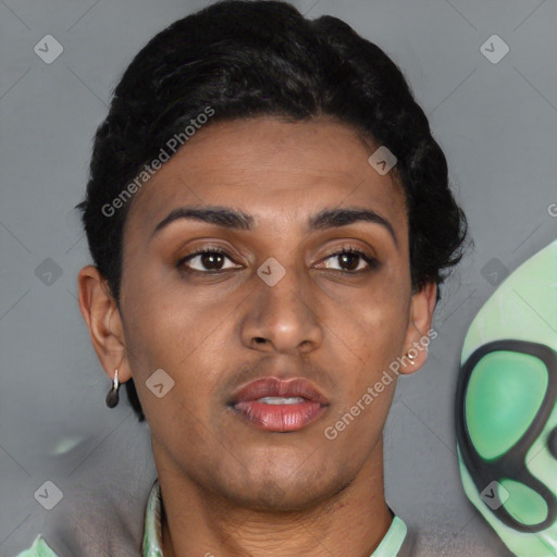 Neutral latino young-adult female with short  brown hair and brown eyes