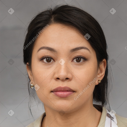 Neutral asian young-adult female with medium  brown hair and brown eyes