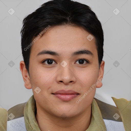 Joyful asian young-adult female with short  brown hair and brown eyes