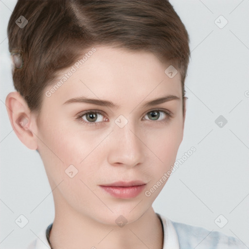 Neutral white young-adult female with short  brown hair and brown eyes