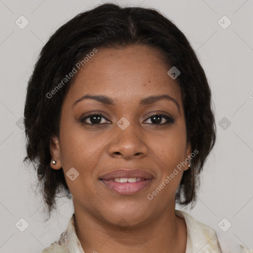 Joyful black young-adult female with medium  brown hair and brown eyes