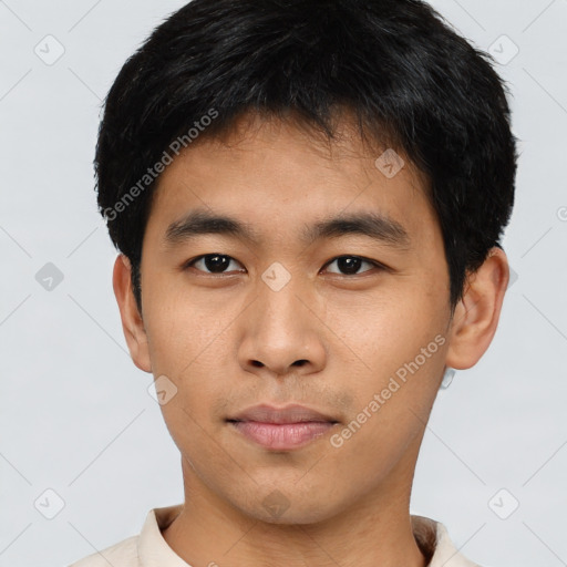 Neutral asian young-adult male with short  black hair and brown eyes