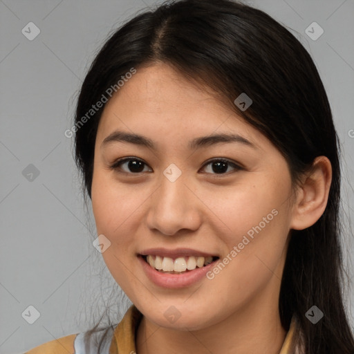 Joyful white young-adult female with long  brown hair and brown eyes