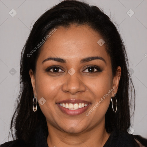 Joyful latino young-adult female with long  brown hair and brown eyes