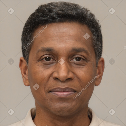 Joyful latino adult male with short  brown hair and brown eyes