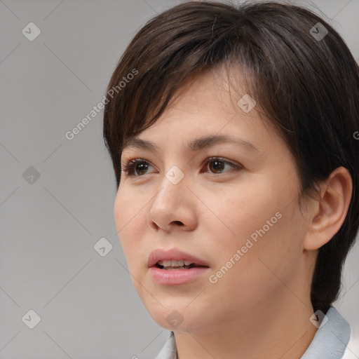 Neutral white young-adult female with medium  brown hair and brown eyes
