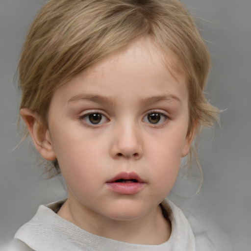 Neutral white child female with medium  brown hair and grey eyes