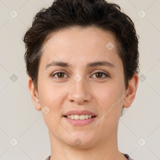 Joyful white young-adult female with short  brown hair and brown eyes