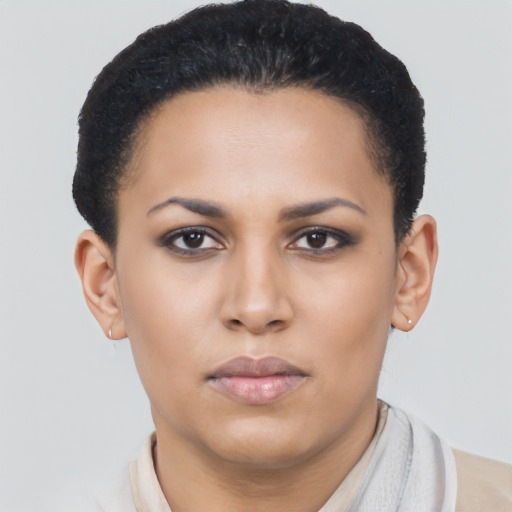 Neutral black young-adult female with short  black hair and brown eyes