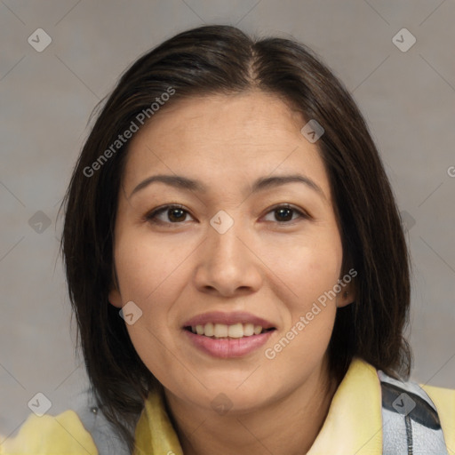 Joyful white young-adult female with medium  brown hair and brown eyes