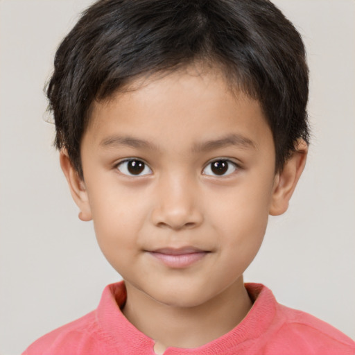 Joyful white child male with short  brown hair and brown eyes