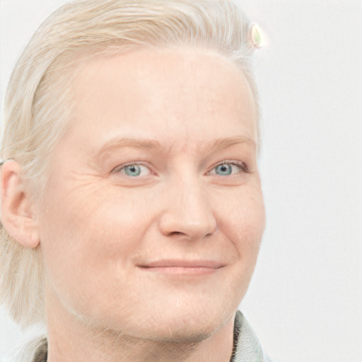 Joyful white young-adult male with short  blond hair and blue eyes