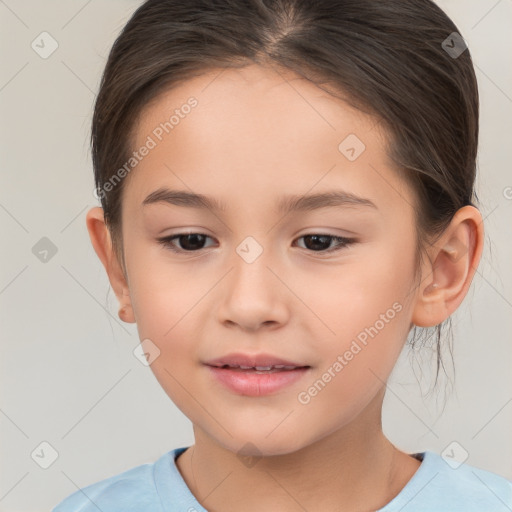 Joyful white child female with medium  brown hair and brown eyes