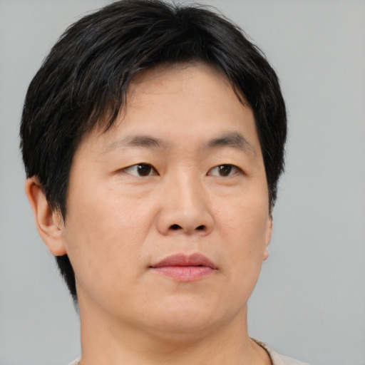 Neutral asian adult male with short  brown hair and brown eyes