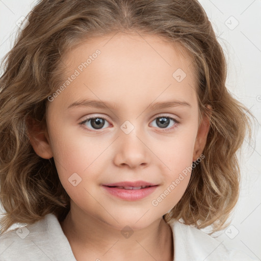 Joyful white child female with medium  brown hair and brown eyes