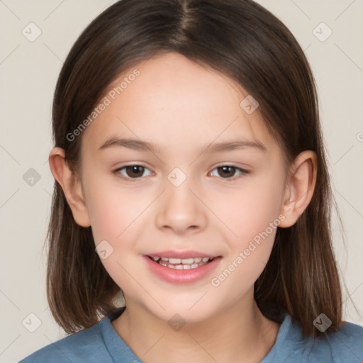 Joyful white child female with medium  brown hair and brown eyes