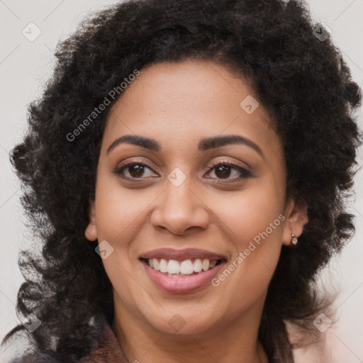 Joyful latino young-adult female with long  black hair and brown eyes