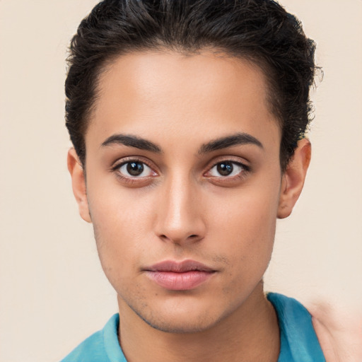 Neutral white young-adult female with short  brown hair and brown eyes