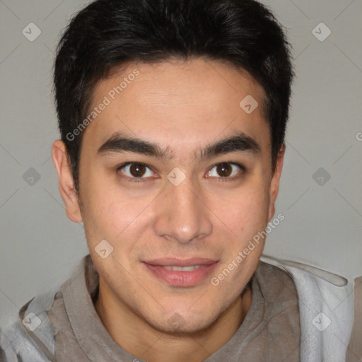 Joyful latino young-adult male with short  brown hair and brown eyes