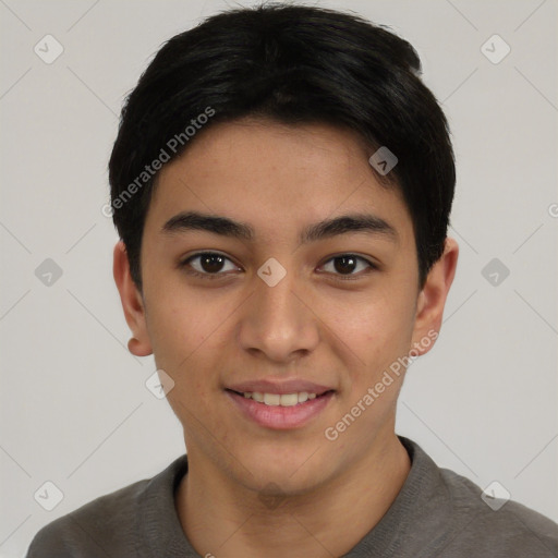 Joyful asian young-adult male with short  black hair and brown eyes