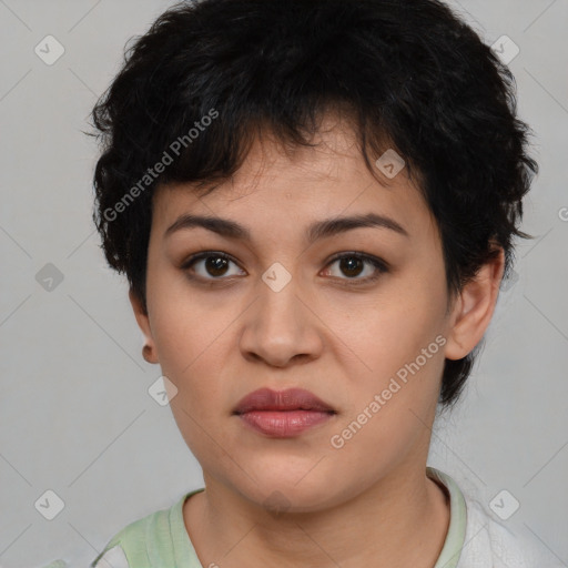 Neutral asian young-adult female with short  brown hair and brown eyes