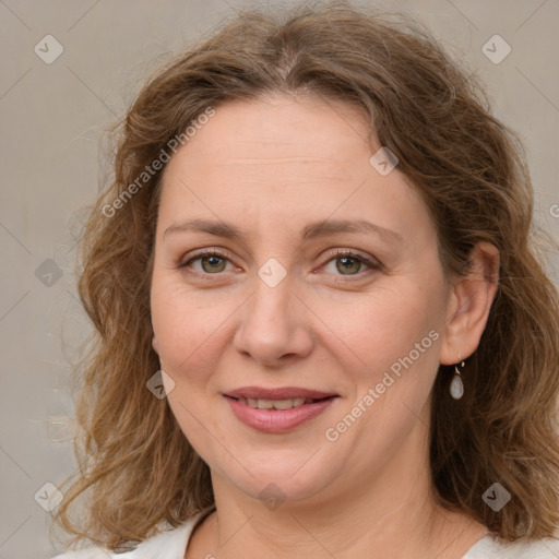 Joyful white young-adult female with medium  brown hair and green eyes