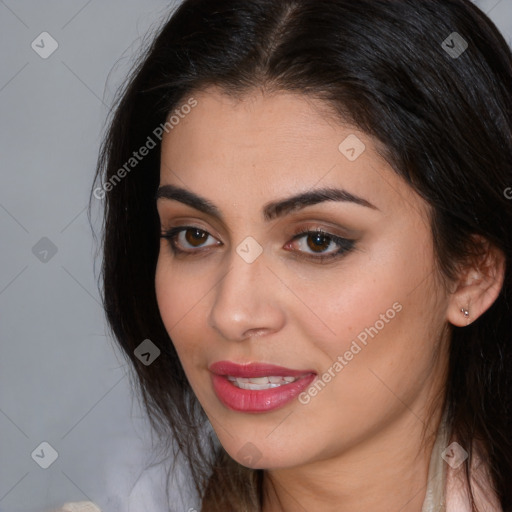 Joyful white young-adult female with medium  brown hair and brown eyes